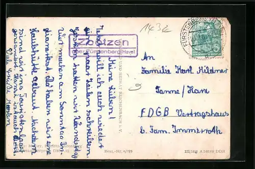 AK Landpoststempel Zootzen über Fürstenberg /Havel