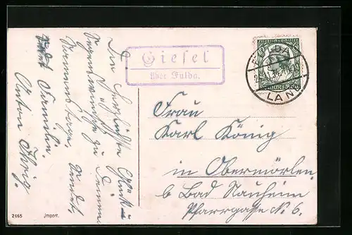 AK Landpoststempel Giesel über Fulda
