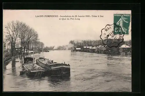 AK Lagny-Pomponne, Inondations du 26 Janvier 1910, Usine à Gaz et Quai du Pré-Long