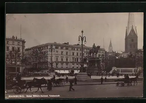 AK Hamburg, Kaiser Wilhelm-Denkmal mit Geschäften, Totalansicht