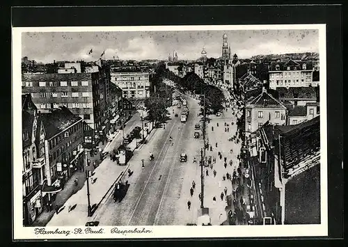 AK Hamburg-St. Pauli, Reeperbahn mit Geschäften und Strassenbahn