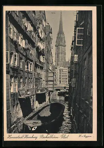 AK Alt-Hamburg, Steckelhörn-Fleet mit Kirche und Boot