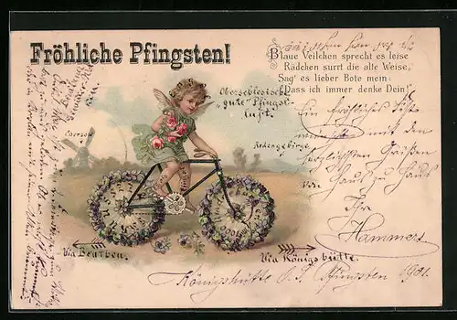 AK Englein auf Fahrrad mit Blumen, Im Hintergrund Windmühle, Pfingstgruss
