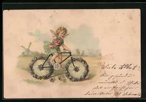 AK Engel auf Fahrrad mit Blumen, Im Hintergrund Windmühle