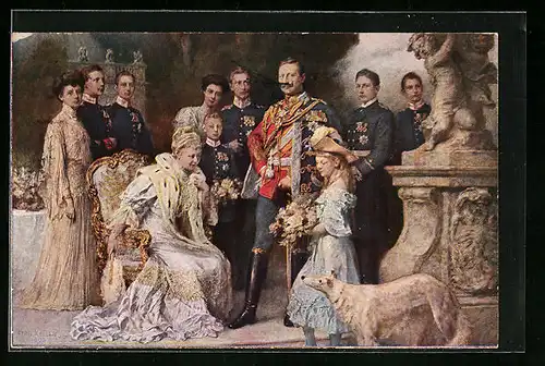 AK Mädchen mit Blumen vor Auguste Victoria und Wilhelm II. von Preussen