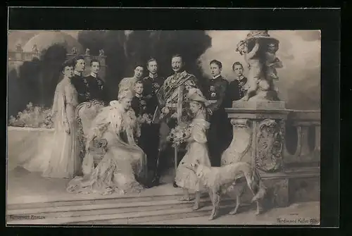 AK Mädchen mit Blumen vor Auguste Victoria und Wilhelm II. von Preussen