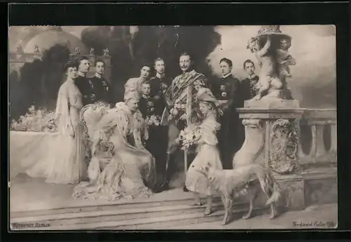 AK Mädchen mit Blumen vor Auguste Victoria und Wilhelm II. von Preussen