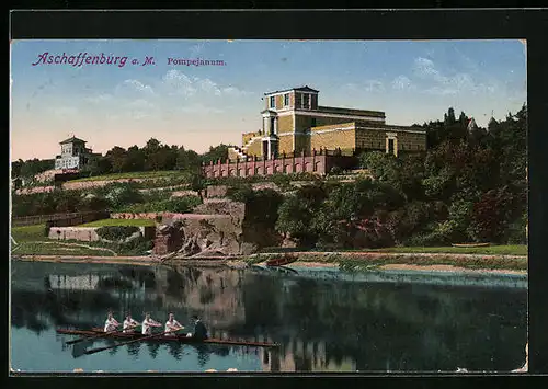 AK Aschaffenburg a. M., Pompejanum, Rudermannschaft auf der Main