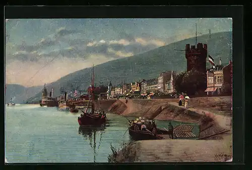 AK Rüdesheim a. Rh., Ufer mit Segelbooten