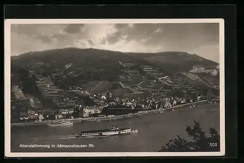 AK Assmannshausen a. Rh., Abendstimmung mit Panorama und Rheindampfer