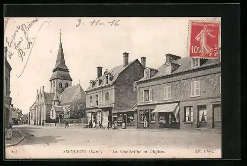 AK Serquigny, la Grande-Rue et l'Eglise