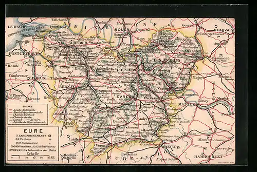 AK Evreux, Landkarte mit Nachbarstädten und Orten