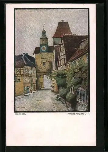 Künstler-AK Rothenburg o. T., Torbogen mit Uhrenturm