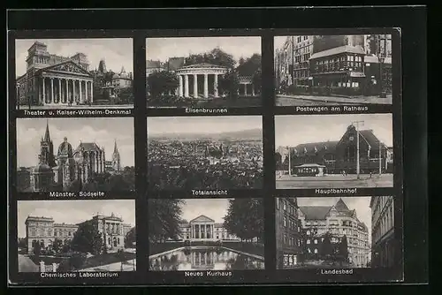 AK Bad Aachen, Hauptbahnhof, Theater, Postwagen am Rathaus