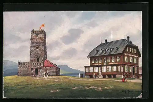 Künstler-AK Feldberg / Schwarzwald, Gasthaus zum Feldbergturm mit neuem Friedrich-Luisen-Turm