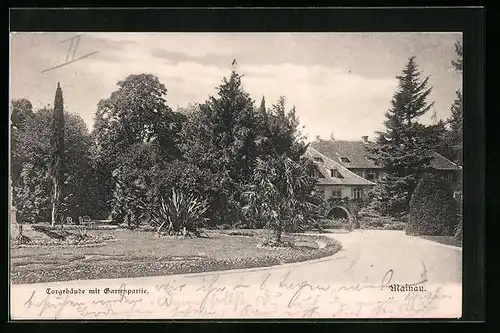 AK Mainau, Torgebäude mit Gartenpartie