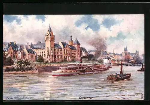 Künstler-AK Charles F. Flower: Coblenz, Partie mit Dampfer und Selgelboot