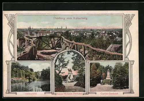AK Duisburg, Teichpartie, Kaiser Wilhelm-Denkmal, Curtius-Denkmal