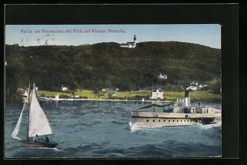 AK Andechs, Blick vom Ammersee auf das Kloster Andechs
