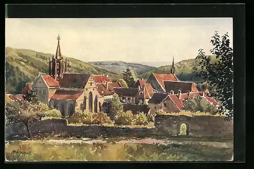 Künstler-AK Tübingen-Bebenhausen, Gesamtansicht mit Kirche