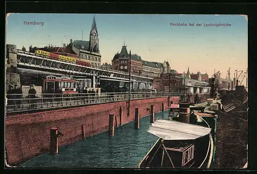 AK Hamburg, Hochbahn u. Kirche bei der Landungsbrücke