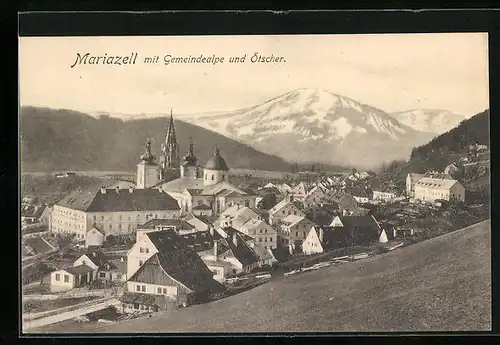 AK Mariazell, Ortsansicht mit Gemeindealpe und Ötscher