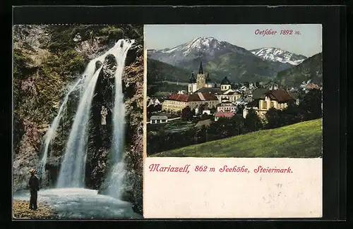 AK Mariazell, Ortsansicht mit Oetscher, Wasserfall