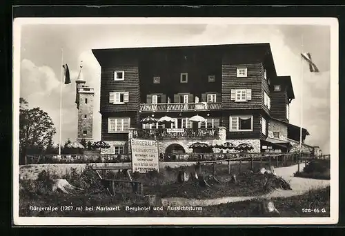 AK Mariazell, Bürgeralpe, Berghotel und Aussichtsturm