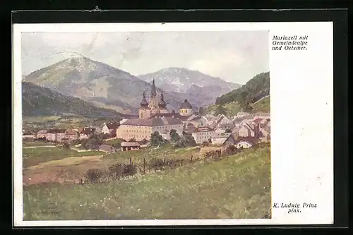 AK Mariazell, Ortsansicht mit Gemeindealpe und Oetscher