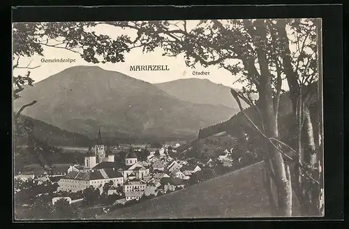 AK Mariazell, Ortsansicht mit Gemeindealpe und Ötscher