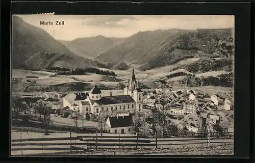 AK Mariazell, Ortsansicht mit Wallfahrtskirche