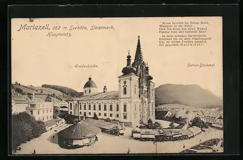 AK Mariazell, Hauptplatz mit Gnadenkirche und Oetker-Denkmal