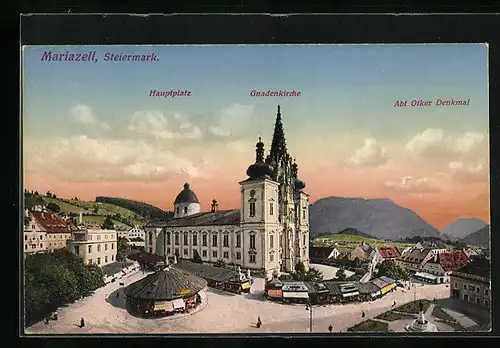 AK Mariazell, Hauptplatz mit Gnadenkirche und Abt Otker Denkmal