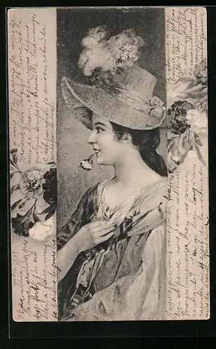 Künstler-AK Brüder Kohn (B.K.W.I) Nr. 777 /6: Junges Mädchen mit grossem Hut und Blumenblüte im Mund