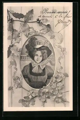 Künstler-AK Brüder Kohn (B.K.W.I) Nr. 2761-5: Elegante Dame im Passepartout-Rahmen, Bonne Année!