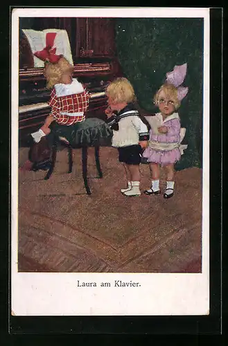 Künstler-AK Brüder Kohn (B.K.W.I) Nr. 122 /4: Kinder lauschen dem Mädchen am Klavier, Laura am Klavier