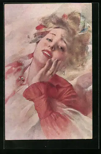 Künstler-AK Brüder Kohn (B.K.W.I) Nr. 119-1: Porträt einer lächelnden jungen Frau mit rotem Kleid