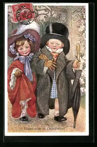 Künstler-AK Brüder Kohn (B.K.W.I)Nr. 798-3: Kinder in der Kleidung der Grosseltern, Grand-père et Grand-mère