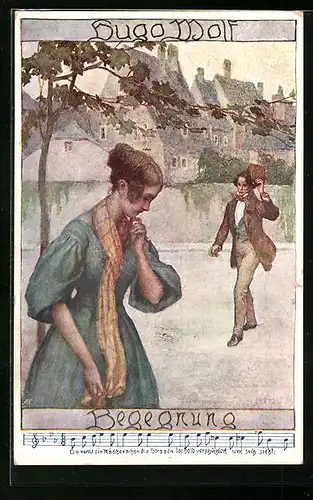 Künstler-AK Brüder Kohn (B.K.W.I) Nr. 321-5: Mann grüsst eine junge Frau auf der Strasse, Begegnung