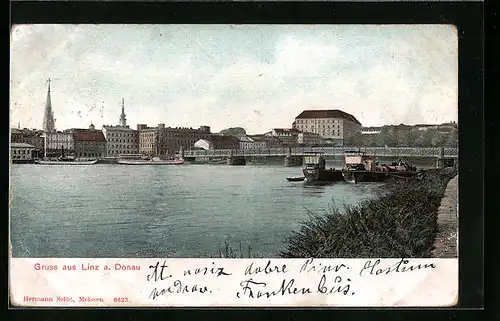 AK Linz a. Donau, Flusspartie mit Brücke