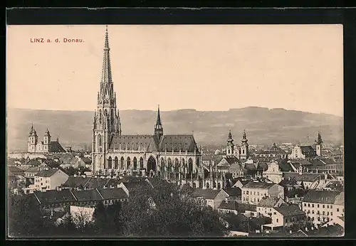 AK Linz a. d. Donau, Ortsansicht mit Kirche aus der Vogelschau
