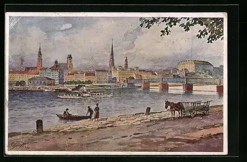AK Linz a. d. Donau, Flusspartie mit Dampfer, Blick zur Brücke