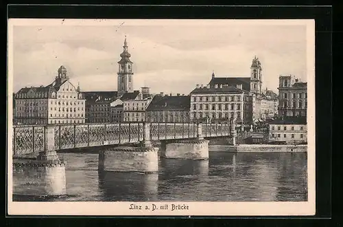 AK Linz a. D., Ortspartie mit Brücke