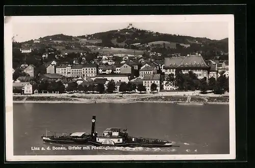 AK Linz a. d. Donau, Urfahr mit Pöstlingberg, Flusspartie mit Dampfer Jean Millot