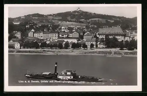 AK Linz a. d. Donau, Urfahr mit Pöstlingberg, Flusspartie mit Dampfer Jean Millot