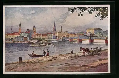 AK Linz a. d. Donau, Panorama, Flusspartie mit Dampfer