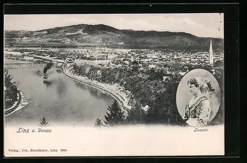 AK Linz a. d. Donau, Gesamtansicht, Linzerin in Tracht