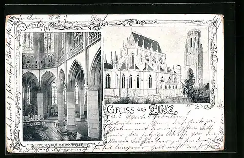 AK Linz, Votivkapelle, Aussen- und Innenansicht