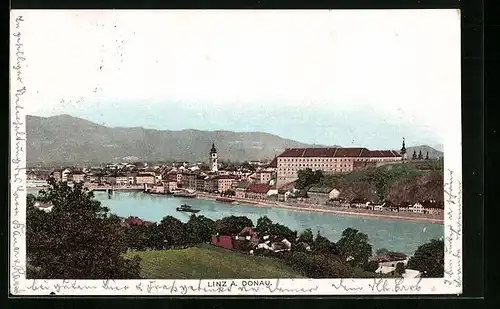 AK Linz a. Donau, Flusspartie aus der Vogelschau