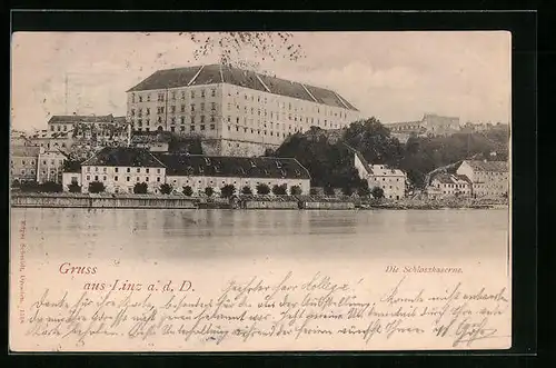 AK Linz a. d. Donau, Schlosskaserne und Flusspartie